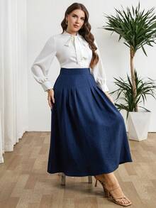 Modelyn Plusstorlek Kvinnor Hög Midja Plisserad Casual/Arbetskjol - Blå - Visa 7