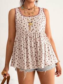 Freevana 大码早春新款碎花方领吊带背心，右侧竖纹面料+收腰喇叭无袖上衣，复古碎花修身外套或内搭衬衫，女士 - 淺粉色 - 查看 6