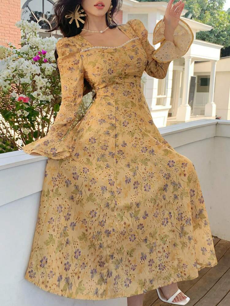 French Chiffon Ditsy Floral Long Dress, High-End Dress, Long Sleeve Dress For Women Dress Sundress Boho