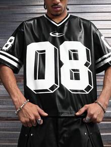 AXEPEAK Men's Numeric Print V-Neck Short Sleeve Casual Loose T-Shirt - Black - View 2