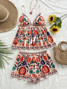 Soleia 新款时尚梭织印花吊带背心+短裤两件套，适合度假、下午茶、婚礼季、海滩游轮假期、城市自驾游、波西米亚风假期、音乐节、海滩装扮、复活节、海滩、优雅、假日、音乐会、热带假期、假日、波西米亚风、春夏秋季 - 彩色 - 查看 5