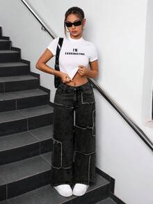 SHEIN PETITE Jeans casuales de pierna ancha con bolsillos y dobladillo deshilachado, corte holgado para mujer - Negro - Ver 5