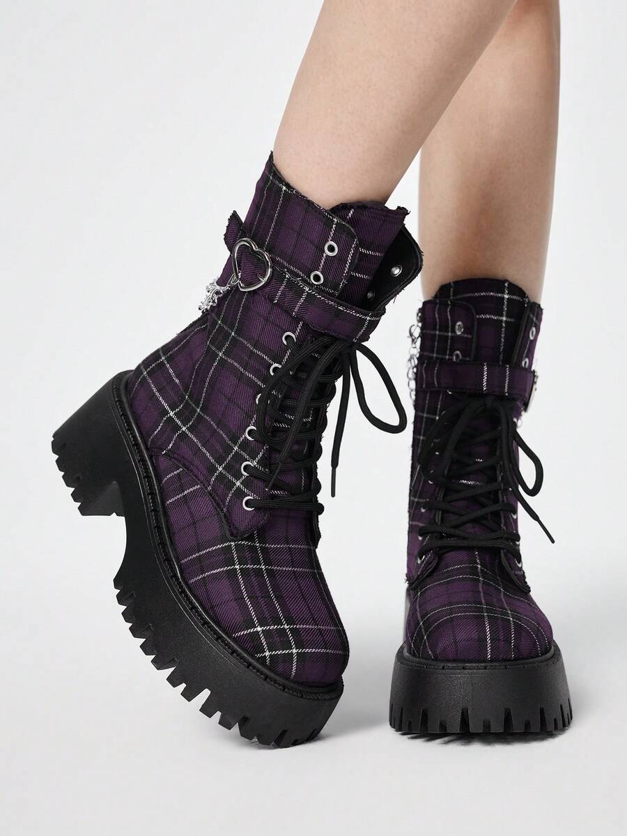 ROMWE Grunge Punk Women's Dark Rock Punk Goth Lace-Up Motorcycle Boots, Platform Thick Sole Ankle Boots For Christmas - Purple grid - View 1