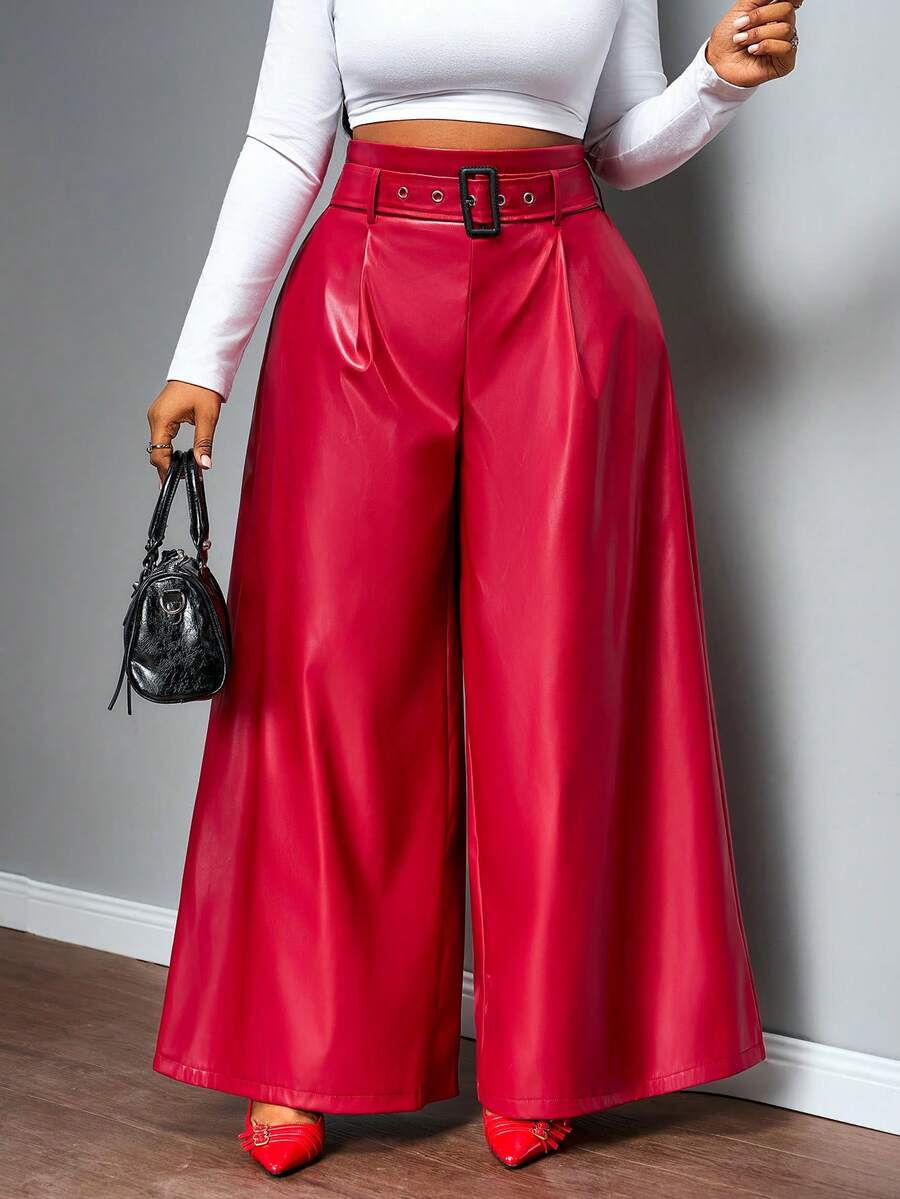 Truni 大码女式仿皮阔腿裤(含腰带) - 酒紅色 - 查看 1