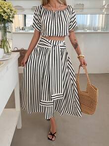 DAZY Women's Casual Striped Off-Shoulder Top And Tie-Waist Skirt 2-Piece Set, Spring/Summer Lounge Sets For Women Short Sets For Women - Black - View 3
