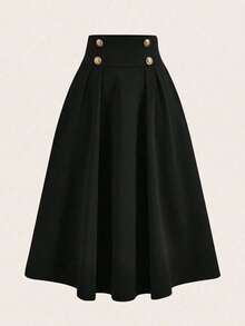 Girlism Tween Girls Black High Waist Metal Button A-Line Loose Versatile Elegant Skirt - Black - View 1