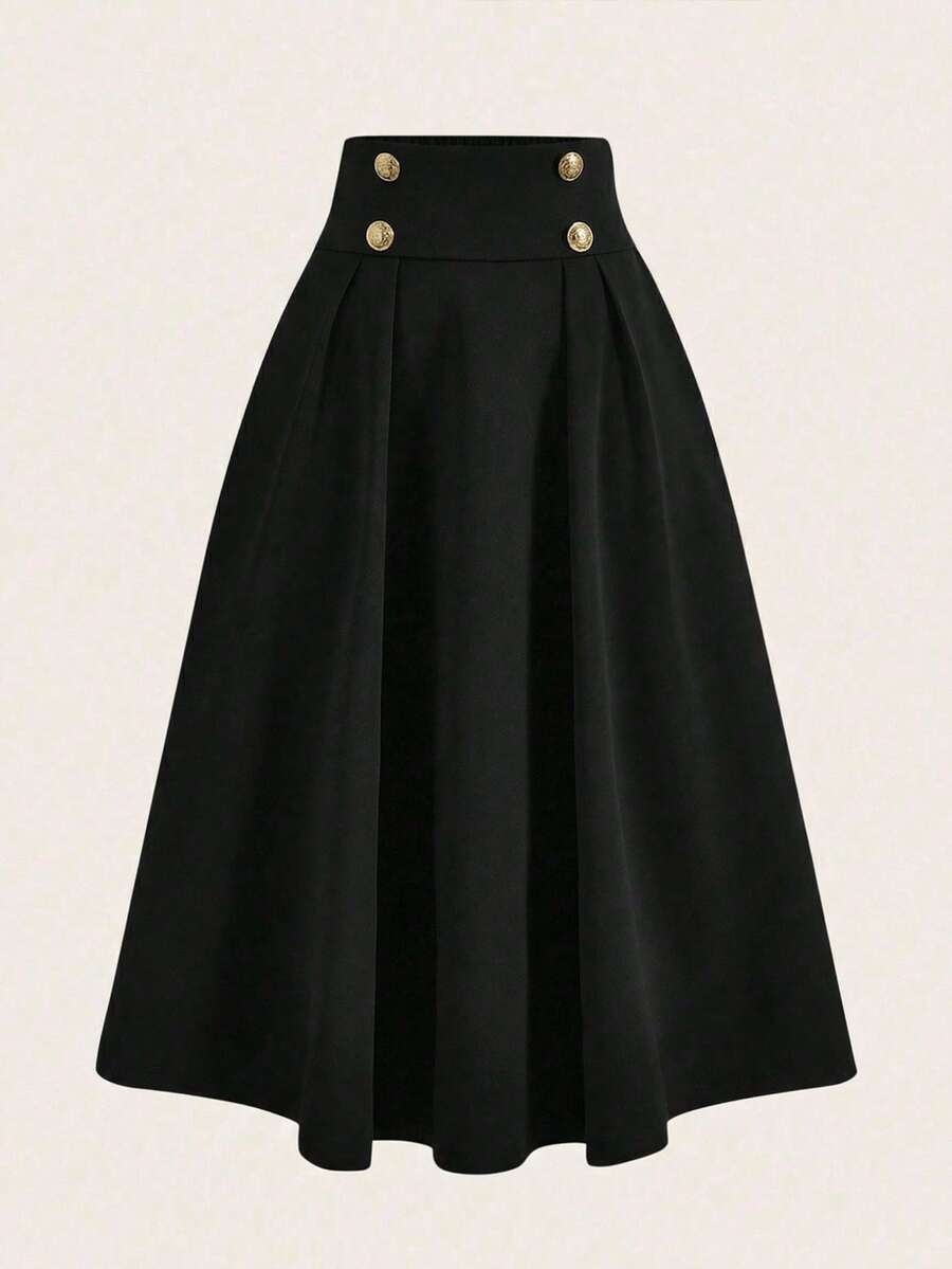 Girlism Tween Girls Black High Waist Metal Button A-Line Loose Versatile Elegant Skirt - Black - View 1