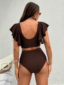 Swim Vcay Conjunto de traje de baño minimalista de unicolor para mujer, conjunto de dos piezas marrón, traje de baño marrón para mujer, conjunto de bikini marrón de cintura alta, conjunto de traje de baño marrón - Café integral - Ver 2