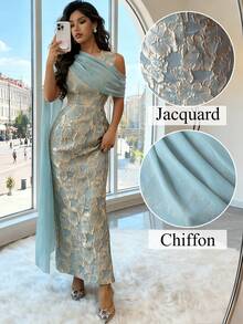 Elenzga 女士畅销款金色提花纹理面料收腰优雅长款连衣裙，配雪纺披肩，适合派对、约会、购物等多种场合，春夏款 - 綠色 - 查看 1