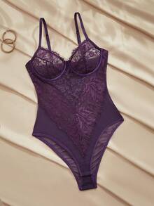 Charlaine Elegant Purple Lace & Mesh Patchwork Jumpsuit, Slimming, Sheer, Waist-Cinching, Romantic French Style, Sophisticated & Sexy - Purple - View 5