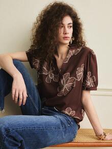 Écloséra Women's Elegant Shirt Commuting Shirt French Shirt Embroidered Shirt V-Neck Shirt Short-Sleeved Shirt Spring And Summer Shirt - Brown - View 5