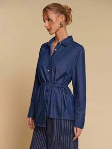 COSMINA Denim Women's Elegant Navy Blue Denim Shirt,Thin Tie-Up Blouse With Garterized Waist,Chic Cotton Casual Everyday Work Tops For Autumn,All Season Shirts - Medium Wash - View 1