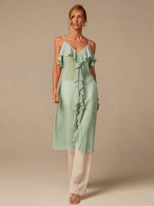 COSMINA Women's Ruffled Strap Long Top, Sleeveless Casual Vacation Bohemian Style Midi Cami Top In Light Green - Green - View 4