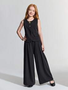 Maija Kids Maija Kids 少女黑色金属花卉图案搭扣吊带背心和阔腿裤休闲套装 - 黑色 - 查看 4