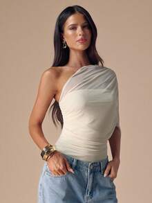 SHEIN BAE Apricot Asymmetric Shoulder Women's Elegant Bodysuit, Minimalist Basic FittedBodysuitt, Autumn/Winter Bodysuit, Apricot Top, Sheer Wrap Ruched Shoulder Blouse Bodysuit For Women - Apricot - View 8