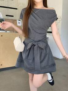 DAZY Đầm midi trễ vai thanh lịch dành cho nữ, thắt eo, chân váy xòe, đầm hè. - Xám - Xem 2