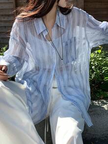 DAZY 女士长袖韩版清新多巴胺岛衬衫 春季 - 藍色 - 查看 6