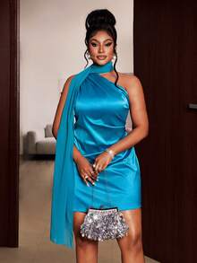 Maweii Plus Size City Vacation Style Tie Neck Sleeveless Asymmetric Shoulder Short Elegant Blue Dress, Women's Graceful Dress, Suitable For Party, Festival, Banquet, Date - Mint Blue - View 3