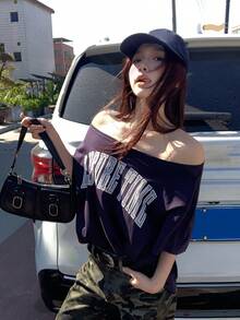 DAZY Women's Oblique Shoulder English Letter Print Short Sleeve T-Shirt - Blue - View 6