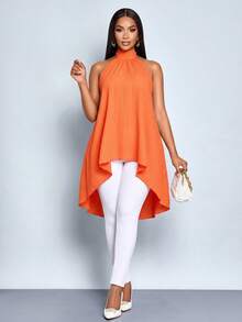 SOLERSUN Sexy And Elegant Halter Neck Long Flowing Shirt Top For Commuting, Casual Wear, Beach Vacation, Parties, Spring/Summer Women's Wear, Music Festivals, Orange Valentine's Day - Burnt Orange - View 3