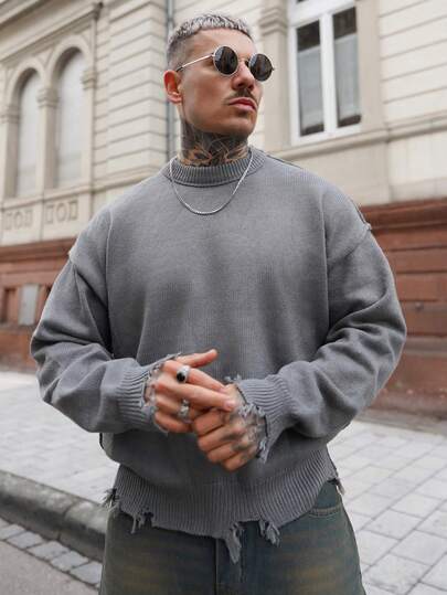 Artur Kramer 秋冬季男女通用街头风极简长袖圆领套头毛衣，饰有流苏和做旧细节，宽松舒适