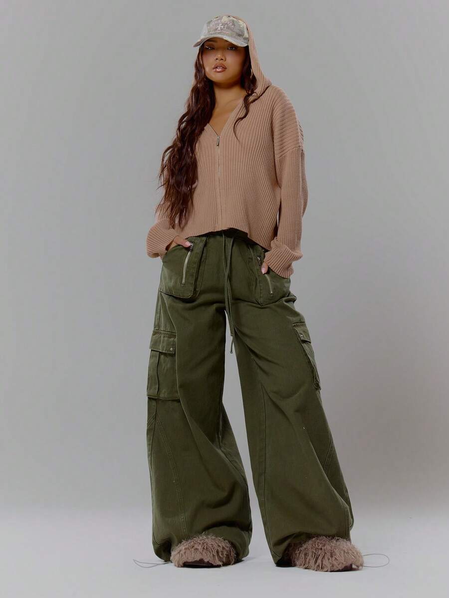 MUSERA 中腰卷边腰带口袋细节阔腿牛仔裤，街头潮人风，冬季性感休闲风，春夏百搭单品。 - 軍綠色 - 查看 1