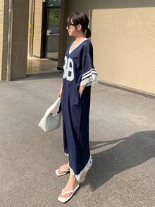 DAZY Women's Number Print V-Neck 3/4 Sleeve Casual Loose Long Dress Maxi Dress - Navy Blue - View 6