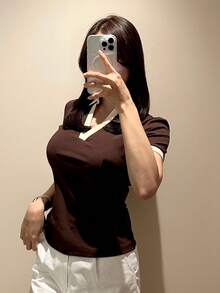 DAZY Contrast Trim Polo Neck Tee - Coffee Brown - View 3