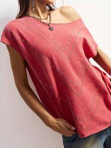 Bohemela Camiseta de mujer de cuello redondo de punto liso rojo con decoración de rhinestones y acabado lavado, ideal para el Día de San Valentín, vacaciones y verano - Naranja Coral - Ver 8