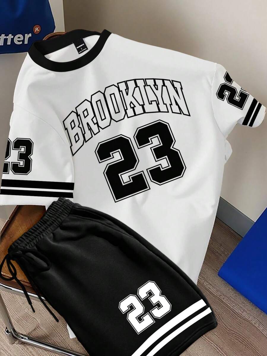 Manfinity Joysei Bộ đồ thể thao Brooklyn #23 kiểu retro tay ngắn và quần short, cổ tròn, kẻ sọc tương phản. - Nhiều màu - Xem 1