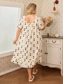 CottageSlumber Plus Size Heart Print Loose Scoop Neck Bow Decor Short Sleeve Long Nightgown - Apricot - View 2