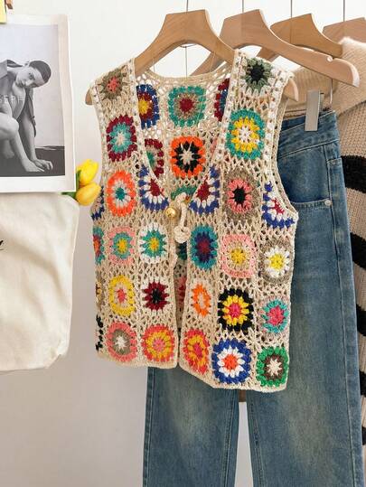 Selianne Cárdigan sin mangas vintage bohemio hecho a mano con encaje calado y cordones, colorido y casual para mujer, para primavera/verano