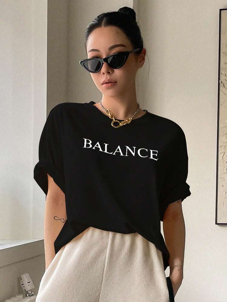 Letter Print Drop Shoulder Tee Summer Preppy Tops