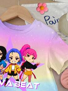 SHEIN 两件套女婴休闲时尚彩色韩流女团卡通人物字母星星印花套装，渐变扎染马卡龙色，圆领短袖T恤和短裤，适合夏季穿着 - 彩色 - 查看 6