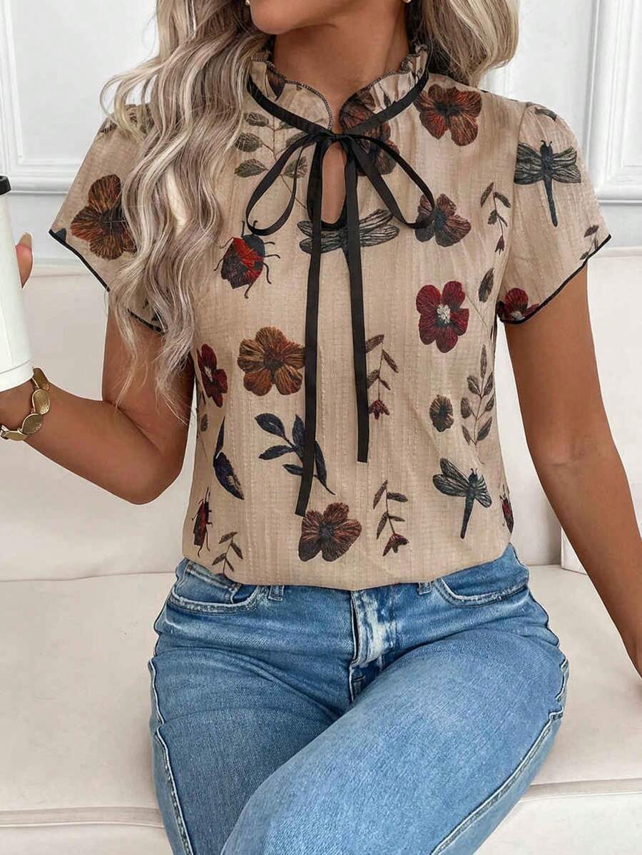 SHEIN Clasi 修身女士印花系领短袖衬衫，夏季教师乡村风 - 彩色 - 查看 1