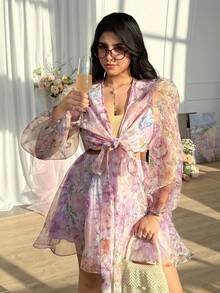 CovetEZ 大码花卉薄纱系带A字连体裤，春夏百搭 - 彩色 - 查看 6