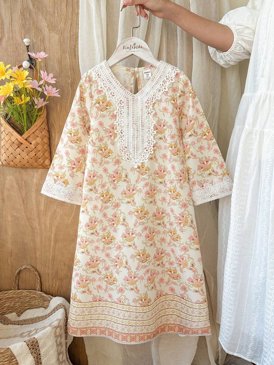 SHEIN Girls Blue Ditsy Floral Long Sleeve Dress, Ruffled Design, Fashionable & Elegant, Suitable For Everyday Wear, Spring/Autumn - Yellow - View 1