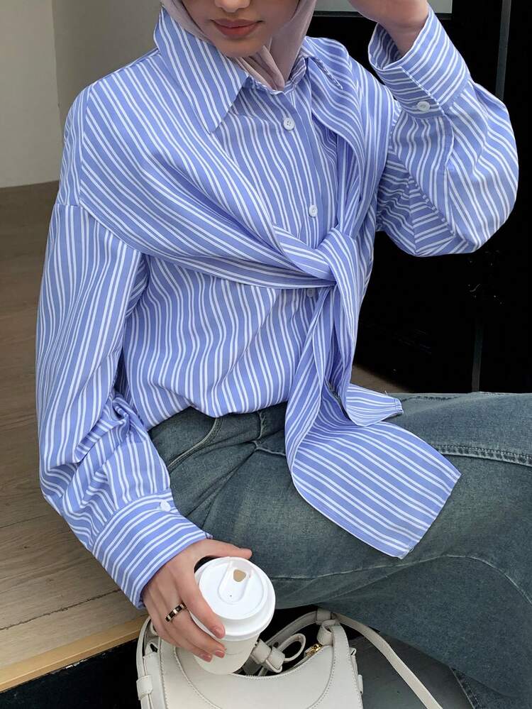 Veilorie Women's Fashion Casual Striped Button-Down Long Sleeve Shawl Collar Shirt - Blue and White - View 6