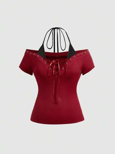 ROMWE Grunge Punk Camiseta ajustada de talla grande con efecto de dos piezas en estilo punk oscuro