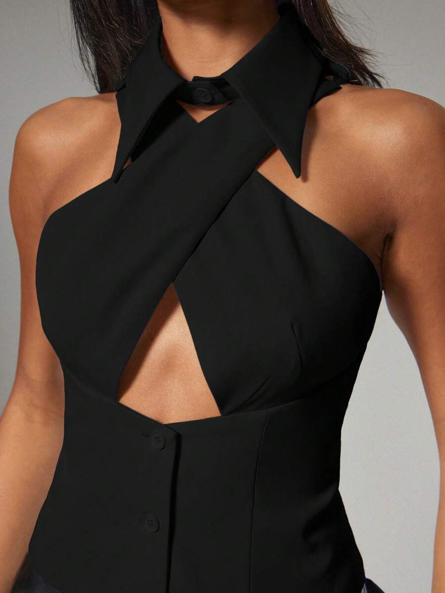 Hauture Chaleco de mujer con cuello halter cruzado, sexy y casual para la oficina - Negro - Ver 1