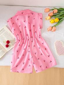 Young Girl' Cute Pink Cherry Print Collared Short Sleeve Romper, Casual & Versatile, Spring/Summer New Arrival - Pink - View 2