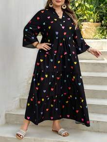 SHEIN CURVE+ Plus Size Women Floral Print Flared Sleeve Loose Vacation Dresssummer/Country/Beach Vacation Outfits/Beach Outfits/Beach Wear - Multicolor - View 4