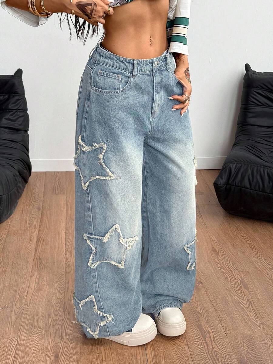 Coolane Damskie dżinsy typu raper Athleisure w stylu grunge z wzorem gwiazdy - Jasny jeans - Zobacz 1
