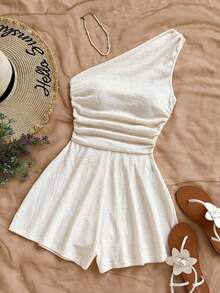 Tween Girls' Summer Casual Solid Color Asymmetric Collar Romper