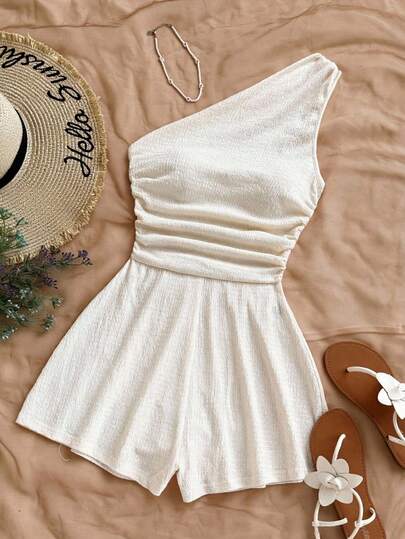 Tween Girls' Summer Casual Solid Color Asymmetric Collar Romper