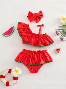 SHEIN Baby Girl Watermelon Seed Print Swimsuit Set - Red - View 2