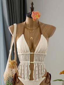 Bellisia Women's Floral Lace Mesh Beaded Decor Contrast Color Halter Neck Blouse, Spring/Summer Vacation - Beige - View 1