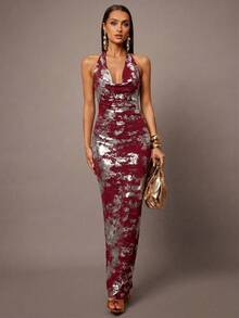 黑色金色系带露背针织连衣裙，金属箔连衣裙，网纱镂空长裙，休闲/约会/外出/夜店派对/聚会装扮，适合圣诞节穿着 - 酒紅色 - 查看 3