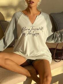 DAZY Women's Letter & Bow Print Contrast Color Raglan Long Sleeve Casual Loose T-Shirt - White - View 10
