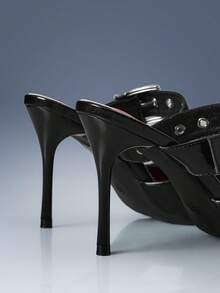 CUCCOO GRLICON 女士金属扣尖头细高跟鞋，机车风穿搭，适合春夏、度假、旅行，2000年代风格 - 黑色 - 查看 4